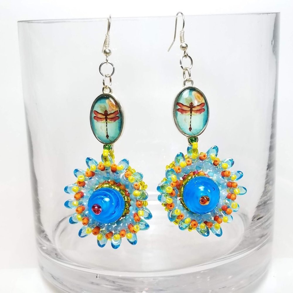 Dragonfly Charm Beaded Flower Dangling Earrings — BOHO Earrings